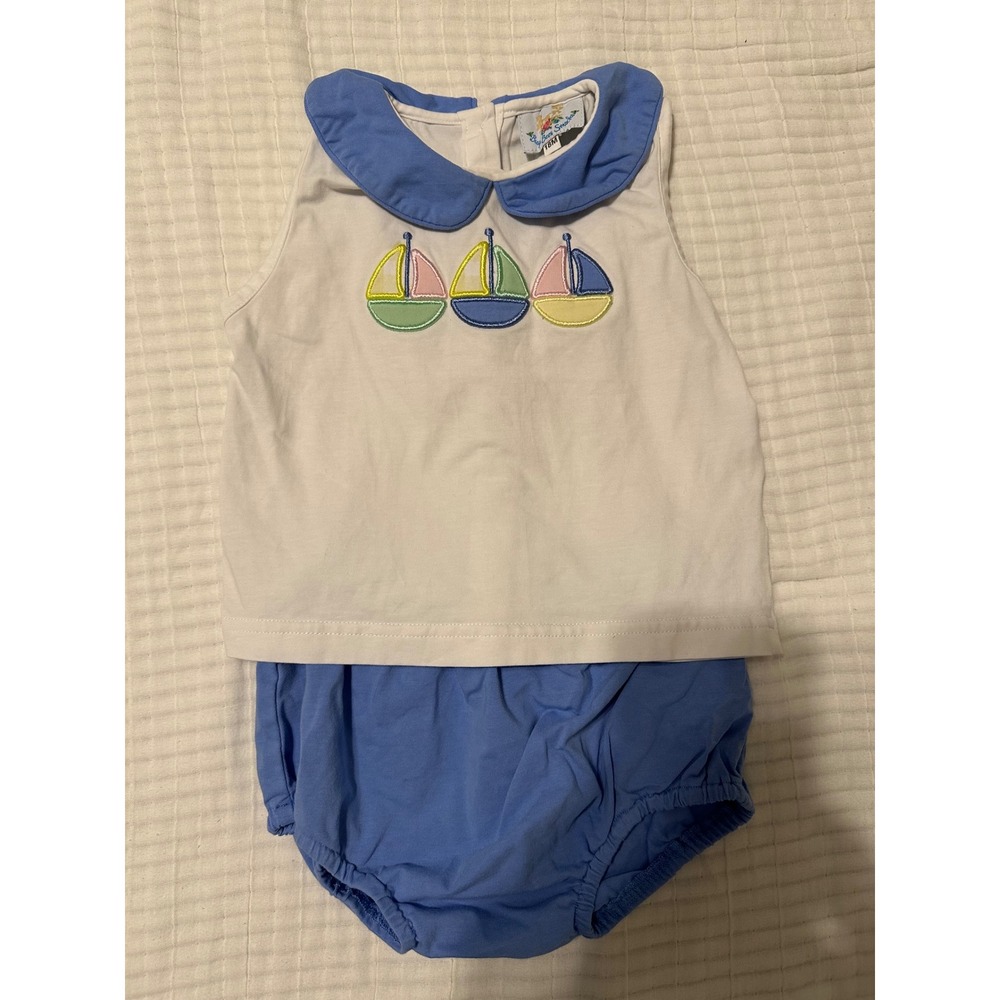 Busy Bees Smocks Toddler 18M Sailboat Embroidery Top and Bloomers Set Blue White
